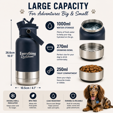 Adventure Buddy 3-in-1 Insulated Dog Water Bottle & Treat Container (1000ml)