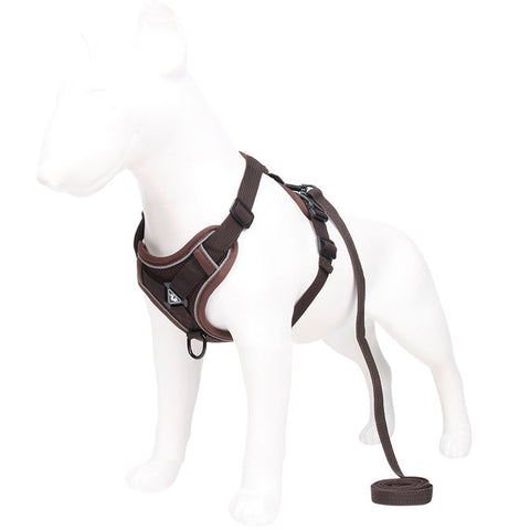 Brown Reflective Mesh Dog Harness and Leash Set - Adjustable No-Pull Vest - M
