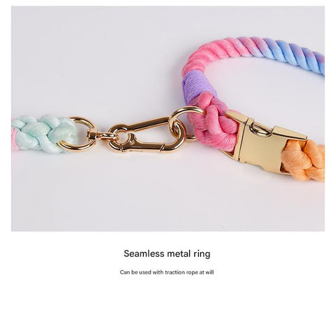 Handmade Gradient Rope Dog Collar & Leash Set - Colorful Braided Cotton (Pink - Size S)