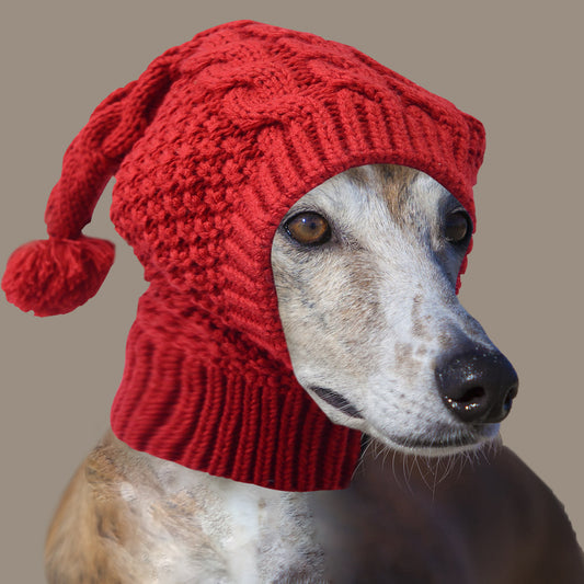 Size M Red Whimsical Knit Dog Hat with Pom-Pom - Cozy Winter Pet Beanie & Snood