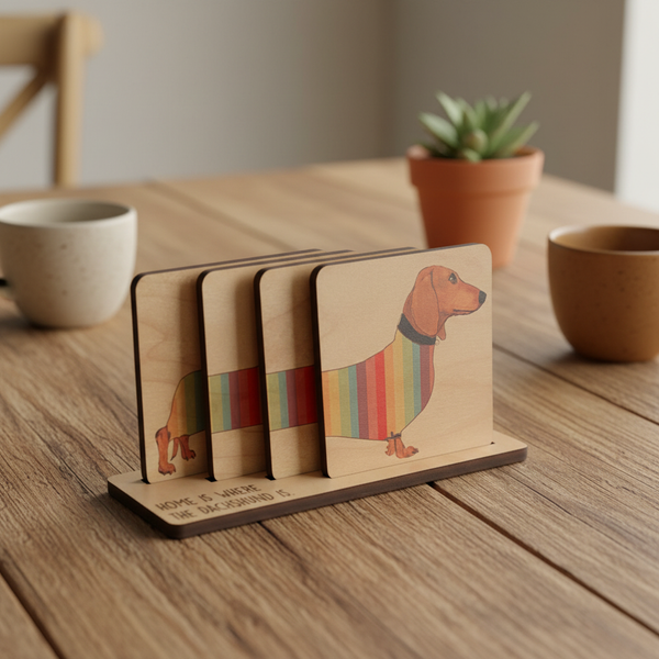 Dachshund Rainbow Wooden Coaster Set