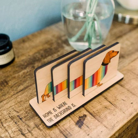 Dachshund Rainbow Wooden Coaster Set