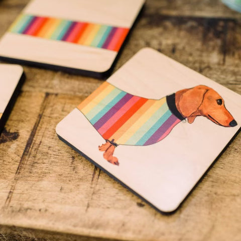 Dachshund Rainbow Wooden Coaster Set